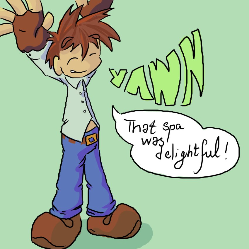biped bottomwear brown_hair clothed clothing collared_shirt denim denim_bottomwear denim_clothing dress_shirt eyes_closed footwear fully_clothed hair hands_in_air human_only imminent_transformation jeans male not_furry open_clothing open_mouth open_shirt open_topwear pants shirt shoes simple_background solo speech_bubble standing text topwear yawn blueballs human mammal 1:1 2008 colored english_text
