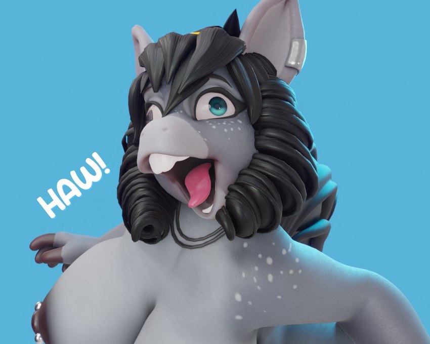 animal_noises anthro big_breasts black_hair blue_eyes braying breasts buckteeth curled_hair derp_eyes ear_piercing female fur grey_body grey_fur hair hee_haw humor nipple_piercing nipples piercing solo teeth tongue tongue_out chunkerbuns haylee_(chunkerbuns) asinus donkey equid equine mammal 3d_(artwork) digital_media_(artwork)