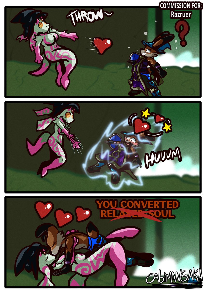 3_panel_comic anthro arm_shield armor aura black_arms black_body black_fur brown_body brown_fur cape clothing duo female floating fur green_body hat headgear headwear heart_symbol horn jewelry kissing magic male male/female markings onomatopoeia pink_arms pink_horn pink_legs pink_markings pink_tail question_mark scared shield shirtless_male sound_effects spell spiral_eyes star_symbol tail tan_body tan_fur text throwing_object witch_hat cabimangaka atlyss carbuncle_(atlyss) lagomorph leporid mammal poon_(atlyss) rabbit absurd_res comic commissioner_name english_text hi_res shaded signature