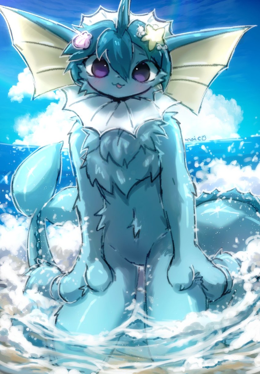 ambiguous_gender anthro blue_body blue_fur blue_hair blush blush_lines chest_tuft cloud fur gem hair kneeling open_mouth partially_submerged paws pearl_(gem) purple_eyes sea shell sky solo starfish_(accessory) tail tuft water maimoonrabbit nintendo pokemon asterozoan echinoderm eeveelution generation_1_pokemon marine pokemon_(species) starfish vaporeon 2024 hi_res signature