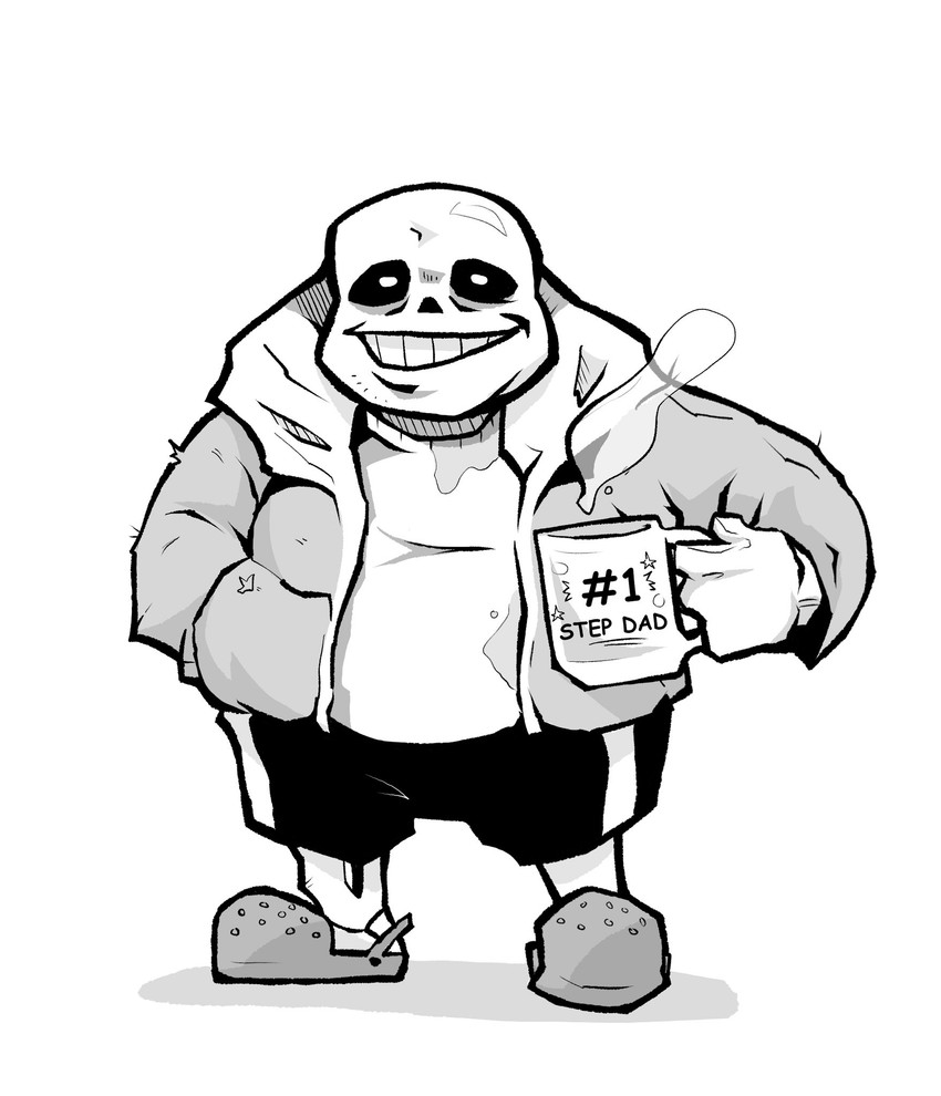 bald belly bone bottomwear clothing coffee_mug container cup footwear grin hand_in_pocket holding_container holding_cup holding_mug holding_object hoodie humor looking_at_viewer male mug not_furry overweight pockets shorts skeleton smile solo steam topwear elcalacas5 crocs deltarune undertale_(series) sans_(undertale) animated_skeleton undead black_and_white hi_res monochrome