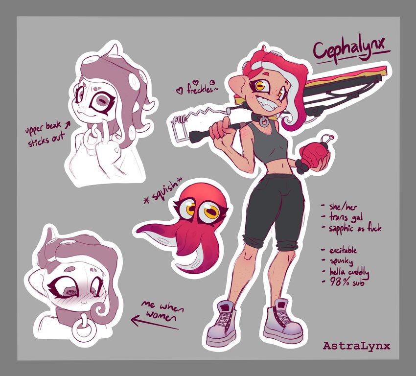 blush collar female freckles hair ink lesbian_thoughts melee_weapon pink_hair splatana splatana_wiper sword torpedo_(splatoon) weapon yellow_eyes astralynx nintendo splatoon octoling_girl cephalopod coleoid marine mollusk octarian octoling octopodiform octopus absurd_res hi_res trans_(lore) trans_woman_(lore)