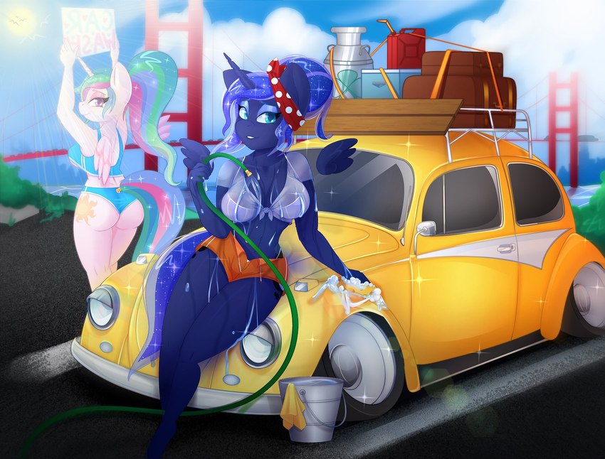 anthro anthrofied car_wash clothing duo female golden_gate_bridge horn sign wet wet_body wet_clothing wings spicyredfox friendship_is_magic hasbro my_little_pony mythology volkswagen_beetle princess_celestia_(mlp) princess_luna_(mlp) equid equine mammal mythological_creature mythological_equine winged_unicorn hi_res