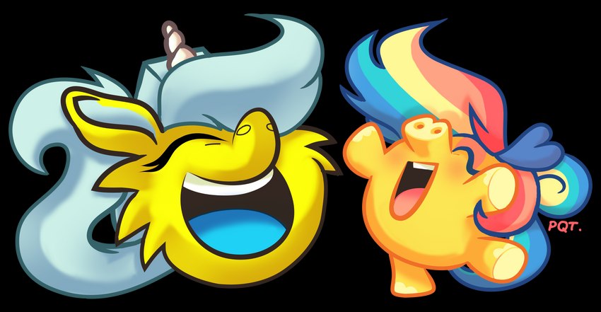 ambiguous_gender blue_hair blue_tail chibi duo eyes_closed feral fur hair horn multicolored_hair multicolored_tail open_mouth open_smile orange_body rainbow_hair rainbow_tail smile snout tail toony unicorn_horn yellow_body yellow_fur pepperqt club_penguin moshi_monsters mythology glitterpants mrs._snoodle equid equine mammal moshling mythological_creature mythological_equine puffle silly_snuffler unicorn alpha_channel hi_res