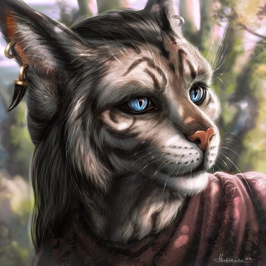 anthro blue_eyes blurred_background clothing ear_piercing ear_ring female fur looking_away piercing pupils ring_piercing simple_background slit_pupils solo whiskers acidambient microsoft the_elder_scrolls felid feline felis khajiit mammal 1:1 2022 bust_portrait digital_media_(artwork) portrait watermark