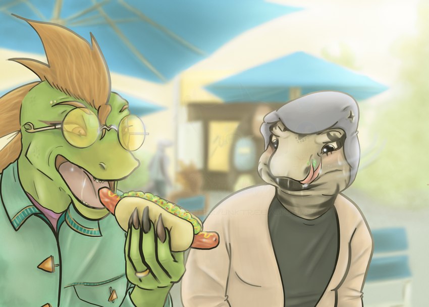 avocado blush bodily_fluids chile clothing eyewear femboy food fruit hat headgear headwear hot_dog male open_mouth piercing plant saliva slightly_chubby sunglasses tongue vandclash rico_useref zory_(vandclash) lizard reptile scalie tegu teiid hi_res