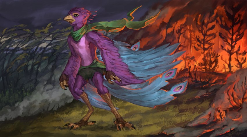 anthro avian_feet beak biped blue_body climate_change clothing feathered_crest feathered_wings feathers fire forest_fire green_eyes head_crest headwind hurricane male natural_disaster pink_body scarf solo tail tail_feathers wild_fire wind winged_arms wings elkaart gyro_feather avian bird galliform peafowl phasianid absurd_res hi_res