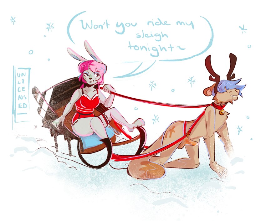 all_fours anthro balls bedding bell bell_collar blanket blue_hair clothing collar dominant dominant_female duo erection female genitals hair holding_leash holding_object leash male male/female nude one-piece_swimsuit penis purple_hair reindeer_antlers simple_background sleigh snow snowflake snowing speech_bubble submissive submissive_male swimwear tattoo text white_background unlicensed cross_(unlicensed) vienna_(unlicensed) domestic_ferret lagomorph leporid mammal mustelid musteline rabbit true_musteline weasel artist_name english_text hi_res