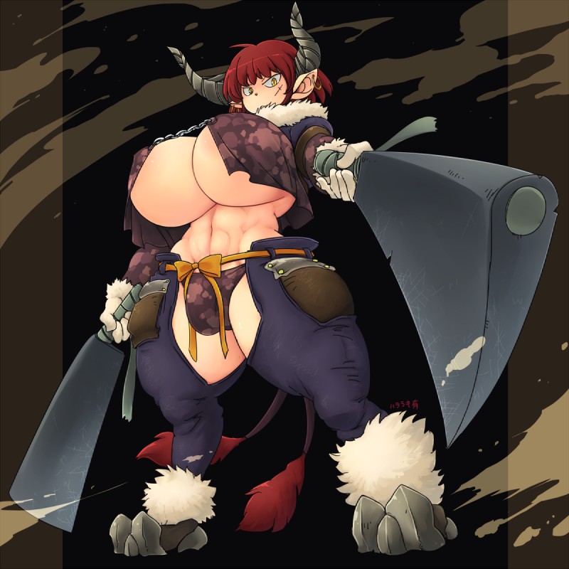 2_tails abs big_breasts bottomwear breasts bulge cleaver_(weapon) clothed clothing ear_piercing facial_scar gloves gynomorph hair handwear holding_object holding_weapon hooves horn huge_breasts humanoid_pointy_ears intersex knife low-angle_view melee_weapon midriff multi_tail muscular muscular_gynomorph muscular_humanoid muscular_intersex navel panties pants piercing pointy_ears red_hair scar short_hair solo tail tail_tuft tuft under_boob underwear weapon yellow_eyes hataraki_ari shimomo animal_humanoid bovid bovid_humanoid bovine bovine_humanoid cattle_humanoid humanoid mammal mammal_humanoid 1:1 hi_res signature