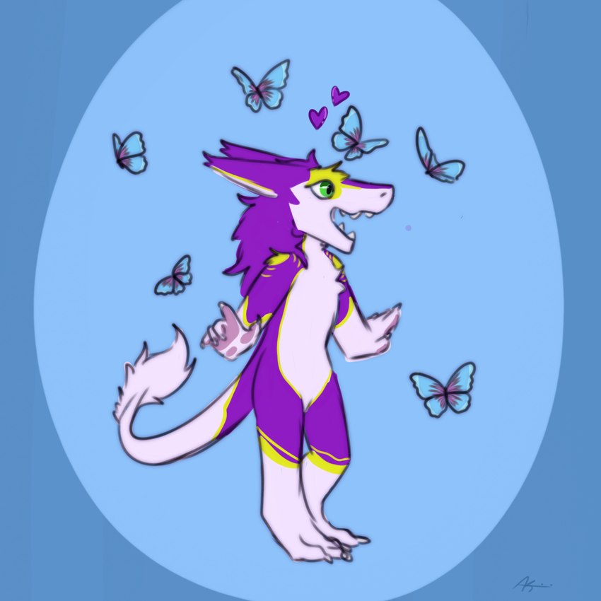 anthro claws female fur green_eyes heart_symbol markings open_mouth purple_body purple_fur solo standing tail tail_tuft teeth tuft white_body white_fur white_tuft yellow_body yellow_fur yellow_markings young axxelroze mauve_(mauvedash) arthropod butterfly insect lepidopteran sergal 1:1 digital_media_(artwork) hi_res