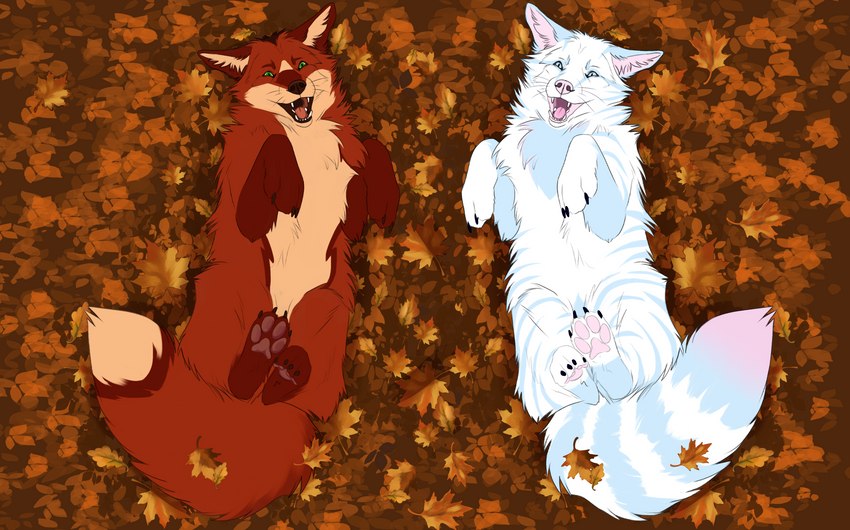 autumn autumn_leaves duo feral leaf love male male/male outside skullsbesan tanos zax_(zwalexan) arctic_fox canid canine domestic_cat felid feline felis fox hybrid mackerel_tabby mammal tabby_cat true_fox absurd_res hi_res