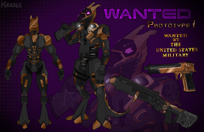 anthro banshii_(shotgun) biped black_body bronze bronze_(metal) bronze_body brown_body c.a.m. claws cybernetic_arm cybernetic_limb cybernetics desert_eagle digitigrade f.e.w. feet futuristic futuristic_gun glowing glowing_eyes gun gun_holster handgun holding_gun holding_object holding_ranged_weapon holding_weapon machine male metal metal_tail metallic_body military mri_desert_eagle multicolored_body multicolored_tail pistol purple_eyes ranged_weapon robotic_arm screen screen_face shotgun simple_background solo standing tail text toes wanted wanted_poster weapon kradee prototype_9 prototype_1 cyborg robot synth_(vader-san) 2024 absurd_res digital_drawing_(artwork) digital_media_(artwork) english_text hi_res model_sheet widescreen