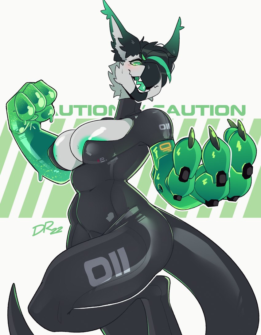 2_artificial_limbs 4_fingers anthro areola areola_slip biped black_body black_bodysuit black_clothing black_hair black_latex black_skinsuit bodysuit breasts claws cleavage cleavage_cutout clothed clothing cutout cybernetic_arm cybernetic_limb cybernetics digitigrade female finger_claws fingers fur goo_limbs green_areola green_body green_ears green_eyes green_goo green_tongue hair latex latex_clothing latex_skinsuit long_tail looking_at_viewer machine mechanical_arm multicolored_body multicolored_ears multicolored_hair pose rubber_clothing short_hair simple_background skinsuit solo tail text thick_tail tight_clothing tongue two_tone_body white_background white_body conditional_dnp drakeraynier mythology mojita_(jooshy) cyborg dragon furred_dragon furred_scalie mythological_creature mythological_scalie scalie 2022 digital_drawing_(artwork) digital_media_(artwork) hi_res portrait signature three-quarter_portrait