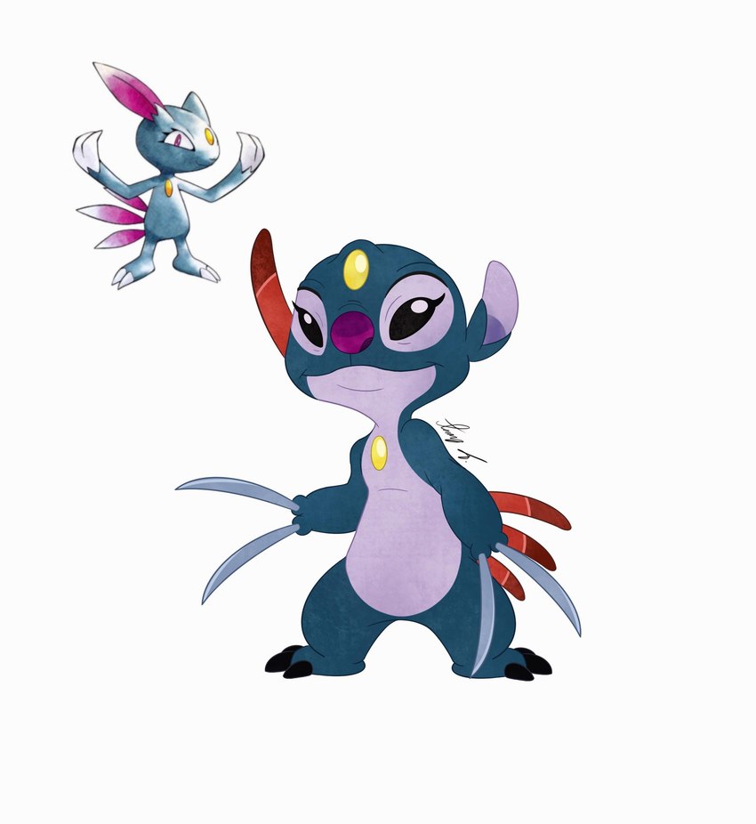 2_fingers 3_toes back_spines blue_body claws eyelashes feet fingers forehead_gem gem long_claws purple_nose semi-anthro silver_claws solo standing toes yellow_gem troytheartboy disney lilo_and_stitch nintendo pokemon alien experiment_(lilo_and_stitch) generation_2_pokemon pokemon_(species) sneasel 2022 absurd_res crossover hi_res signature