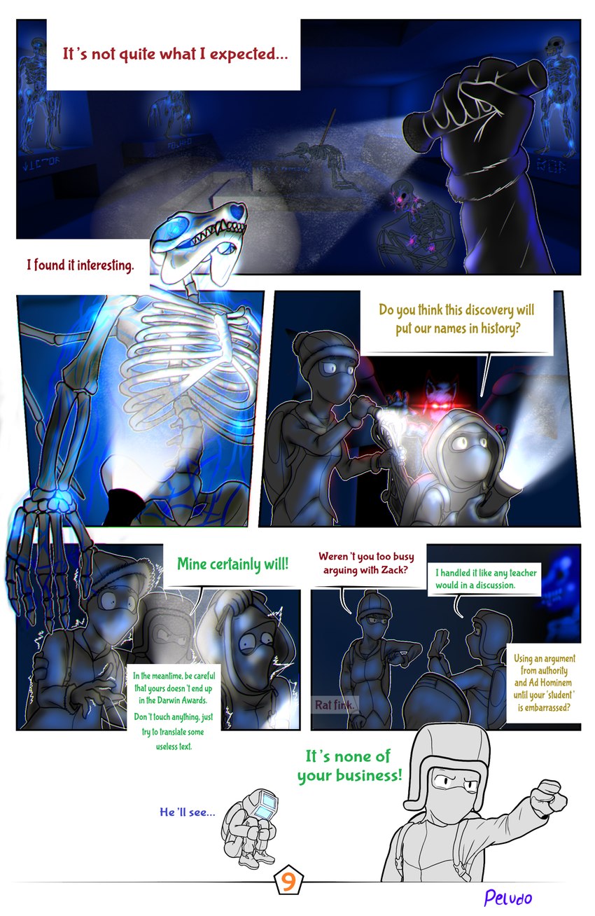 anthro armor backpack bone bright_eyes clothed clothing coat detailed_background dialogue female first_person_view flashlight group headgear helmet male realistic_anatomy red_eyes simple_background skeleton surprise surprised_expression surprised_face temple text topwear trio peludo vobax_(species) colored comic detailed english_text hi_res shaded