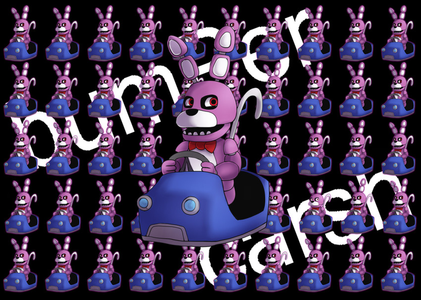 ambiguous_gender anthro bow_tie bumper_cars driving happy holding_object humor looking_away machine multicolored_body open_mouth open_smile purple_body red_eyes smile solo steering_wheel text ill825_(artist) five_nights_at_freddy's scottgames bonnie_(fnaf) animatronic lagomorph leporid mammal rabbit robot 2015 english_text meme