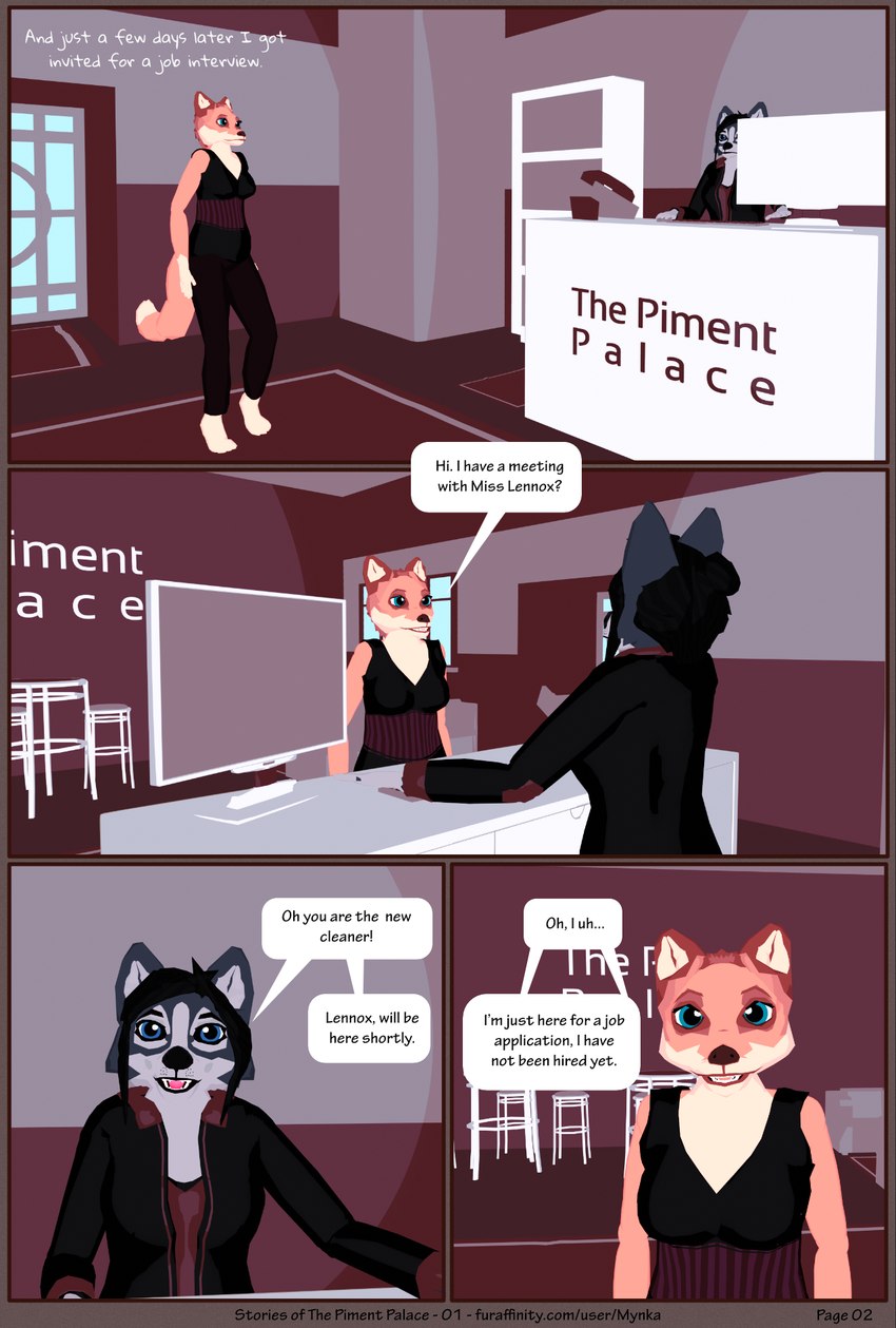 anthro clothed clothing desk dialogue duo female furniture hotel lobby table text mynka raelynn_(mynka) canid canine canis domestic_dog fox husky mammal nordic_sled_dog spitz 3d_(artwork) comic digital_media_(artwork) english_text hi_res