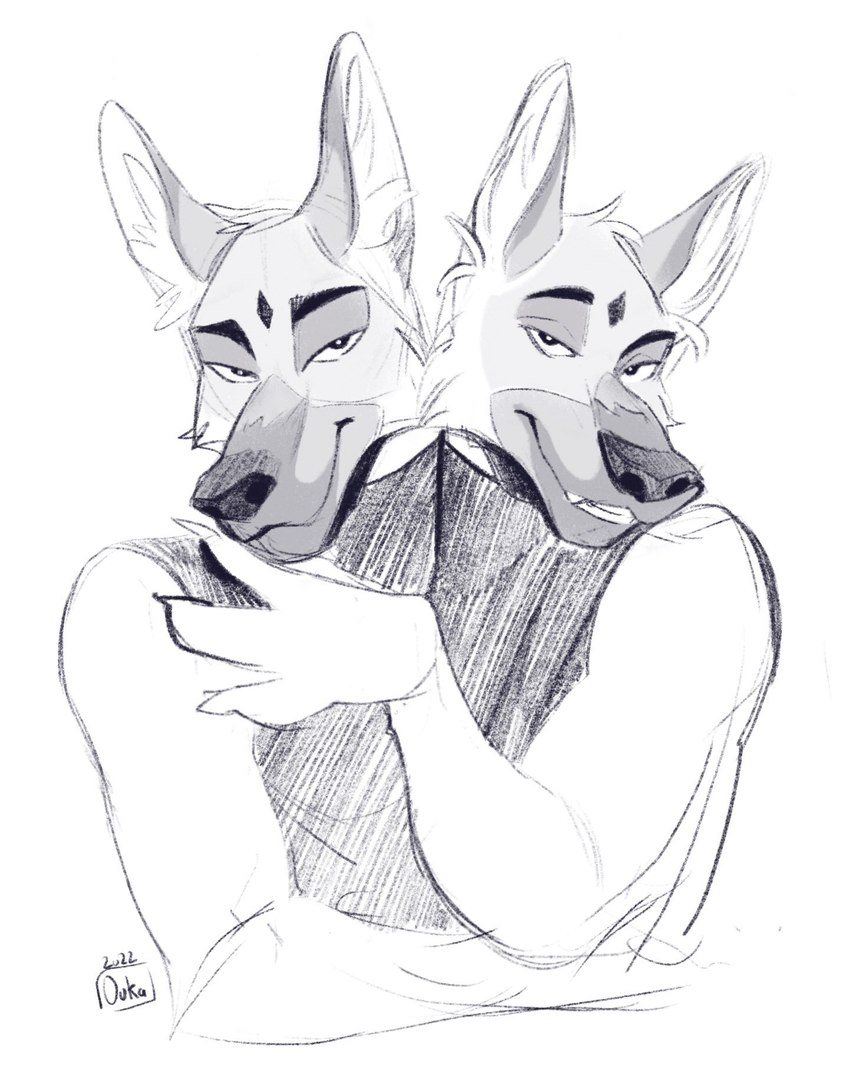 2_heads anthro conjoined conjoined_twins dicephalic_twins duo looking_at_viewer male male/male multi_head multifur smile oukaarts canid canine mammal hi_res