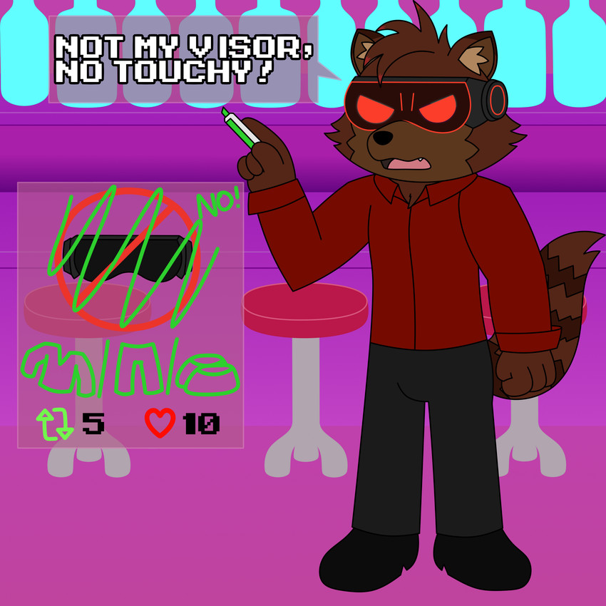 anthro bar bottle bottomwear brown_body brown_fur chair clothed clothing container footwear fur furniture male marker markings pants red_clothing red_shirt red_topwear shirt shoes solo striped_markings striped_tail stripes table tail tail_markings text topwear visor reggie_rakun strip_meme reggie_rakun_(character) mammal procyonid raccoon 1:1 absurd_res english_text hi_res