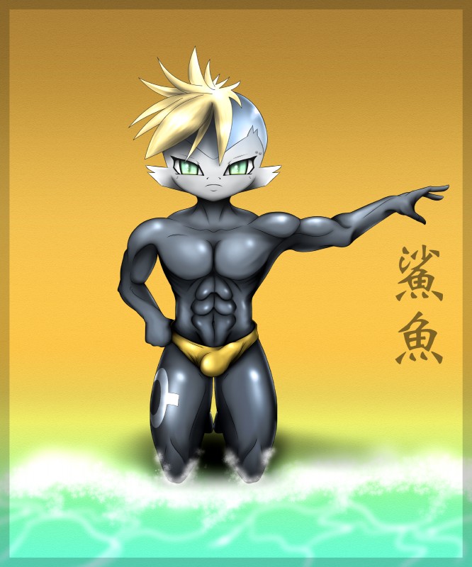 abs anthro beach beware bulge clothing detailed_background hair looking_at_viewer male muscular muscular_anthro muscular_male outside pecs sand sea seaside solo summer sun swimwear text water negablind fish marine shark 5:6 absurd_res chinese_text hi_res