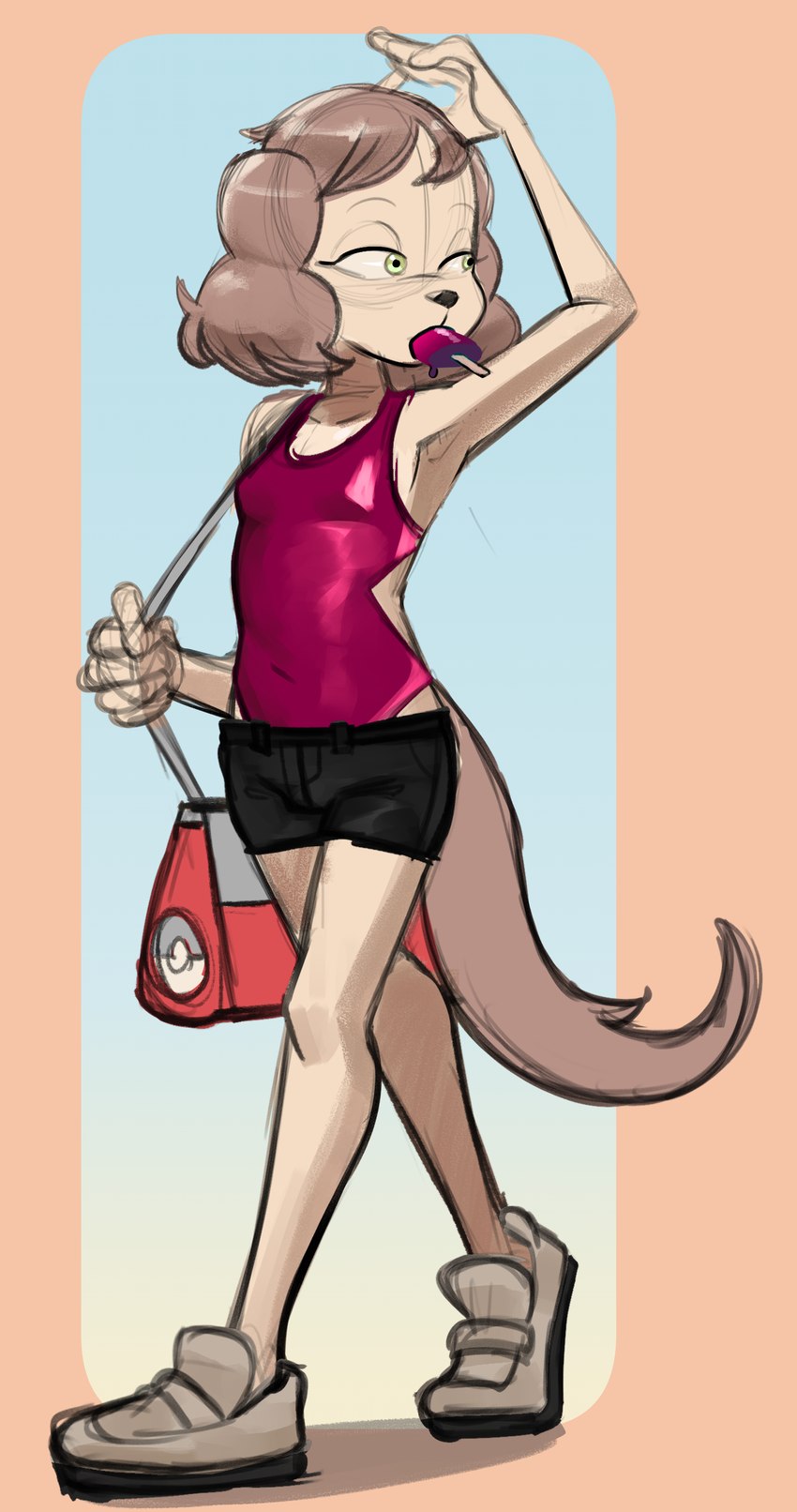 anthro bottomwear brown_hair clothing eyelashes female footwear green_eyes hair handbag looking_back one-piece_swimsuit popscicle raised_arm shadow shoes shorts solo swimwear young young_anthro young_female sin-sational courtney_sin canid canine canis domestic_dog mammal poodle 2024 absurd_res hi_res