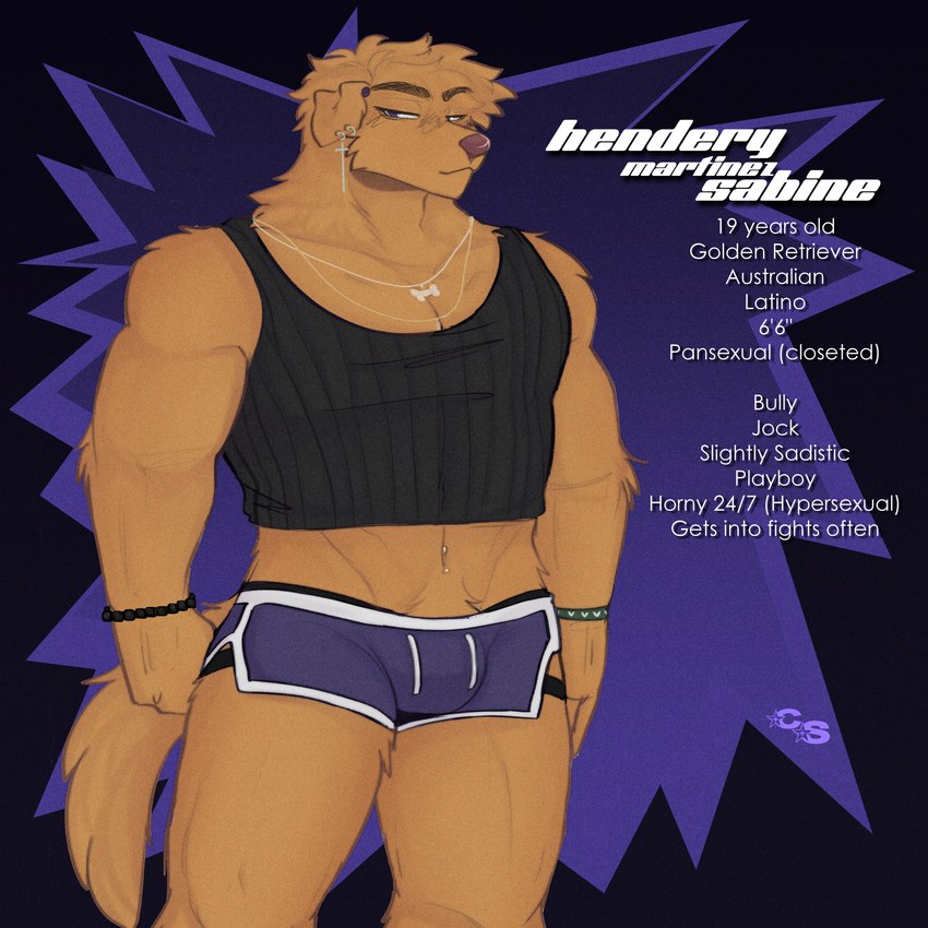 abstract_background anthro bracelet bulge clothing cropped_tank_top dolphin_shorts ear_piercing ear_ring fur information_box jewelry jockstrap male midriff muscular navel navel_piercing necklace piercing purple_eyes ring_piercing shirt solo tail tank_top topwear underwear y2k_(graphic_design) yellow_body yellow_fur cerberussenn hendery_sabine_(cerberussenn) bird_dog canid canine canis domestic_dog golden_retriever hunting_dog mammal retriever 1:1 absurd_res hi_res huge_filesize signature