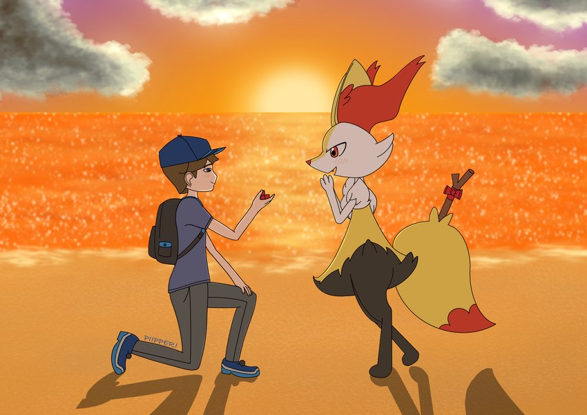 anthro backpack beach blue_eyes bow_tie clothing cloud duo female fur hat headgear headwear interspecies male male/female pokephilia proposal red_eyes ring sea seaside shadow sunset water white_body white_fur yellow_body yellow_fur piipperi nintendo pokemon elio_(pokemon) braixen canid canine generation_6_pokemon human mammal pokemon_(species) absurd_res cel_shading digital_media_(artwork) hi_res shaded