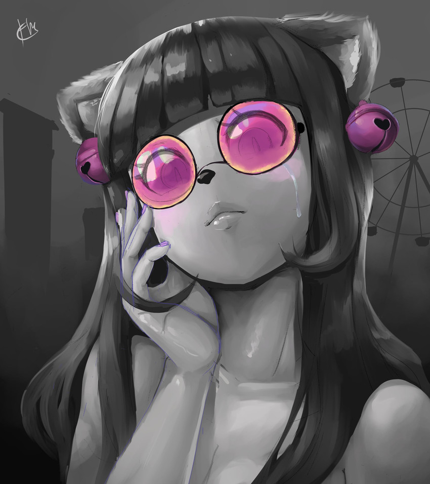 amusement_ride anthro bell black_nose bodily_fluids breasts cleavage clothed clothing colored_nails eyelashes eyewear female ferris_wheel glasses hair hand_on_face looking_at_viewer nails outside pink_nails solo tears hawtmoon chimiko domestic_cat felid feline felis mammal 2020 bust_portrait hi_res portrait