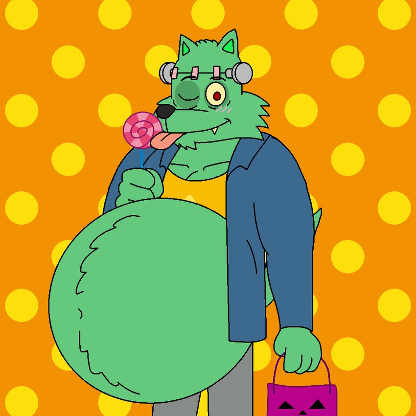 anthro bag belly big_belly candy candy_bag dessert eye_bags food frankenstein_costume fur green_body green_fur holidays licking lollipop looking_at_viewer male navel one_eye_closed red_eyes solo sweets teeth tongue tongue_out treat wink winking_at_viewer yellow_sclera yellow_teeth supermariofann1 halloween mythology frankenstein supermariofanboy canid canine canis mammal mythological_canine mythological_creature werecanid werecanine werecreature werewolf wolf 1:1 2024