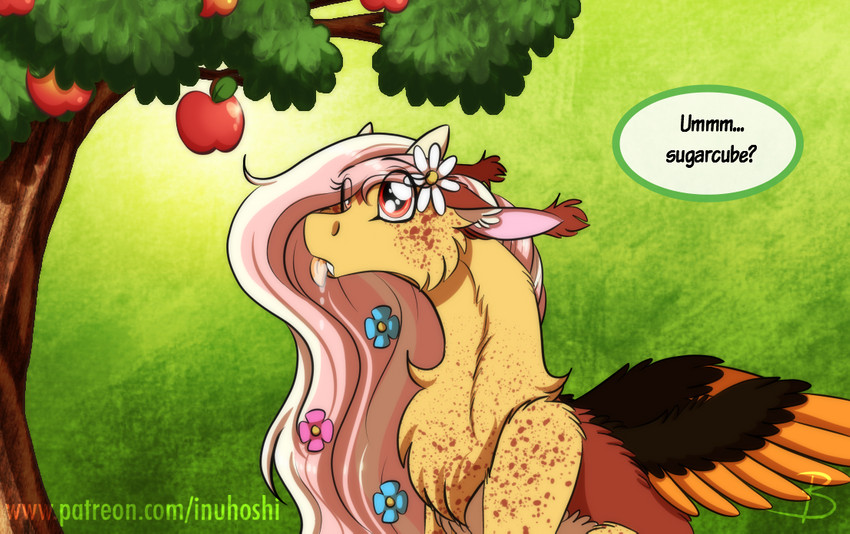 accessory apple apple_tree bodily_fluids female flower flower_in_hair food fruit fruit_tree hair hair_accessory plant red_eyes saliva solo text tongue tongue_out tree wings inuhoshi-to-darkpen hasbro my_little_pony fan_character serenity_(inuhoshi) chimera draconequus english_text