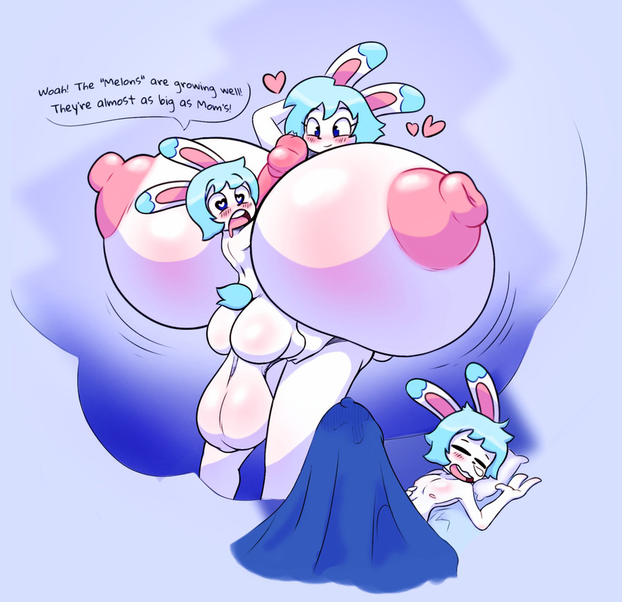 anthro areola balls bedding between_breasts big_balls big_breasts big_butt big_penis blanket blue_hair blush breast_play breasts butt dipstick_ears duo ear_markings erection erection_under_blanket exclamation_point eyes_closed female genitals hair heart_pupils heart_symbol huge_balls huge_breasts huge_penis hyper hyper_balls hyper_breasts hyper_genitalia hyper_penis lying male male/female multicolored_ears nipples nude on_back penis pillow pink_areola pink_nipples sex shota sleeping text titfuck wet_dream white_body young young_anthro young_male spell_bubble marco_(angstrom) molly_(angstrom) lagomorph leporid mammal rabbit english_text hi_res brother_(lore) brother_and_sister_(lore) incest_(lore) sibling_(lore) sister_(lore)