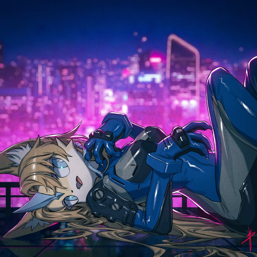 1_horn anthro arched_back blonde_hair blue_eyes blue_horn blue_sky breasts city cityscape claws cute_fangs cybernetics detailed_background diamond_pupils fangs featureless_breasts female female_anthro fur hair horn inner_ear_fluff legs_up long_hair looking_up lying machine night on_back on_roof open_mouth open_smile outside side_view sky skyline smile solo teeth text tuft blaedic mythology lulea_(luinark) cyborg dragon eastern_dragon felid feline furred_dragon furred_scalie mammal mythological_creature mythological_scalie scalie wingless_dragon 1:1 2023 absurd_res english_text hi_res