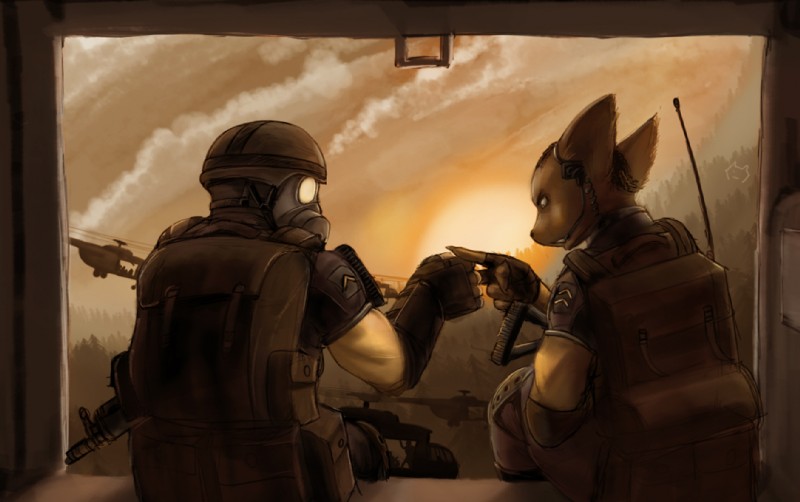 aircraft anthro duo gas_mask gun helicopter inside_helicopter male mask military ranged_weapon rock_paper_scissors sunset vehicle weapon zekit domestic_cat felid feline felis human mammal