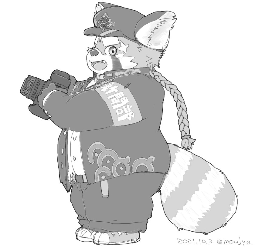 anthro biped bottomwear camera clothing hat headgear headwear humanoid_hands kemono male overweight overweight_male pants shirt simple_background solo topwear white_background moujya lifewonders tokyo_afterschool_summoners zhurong_(tas) ailurid mammal red_panda 2021 hi_res monochrome