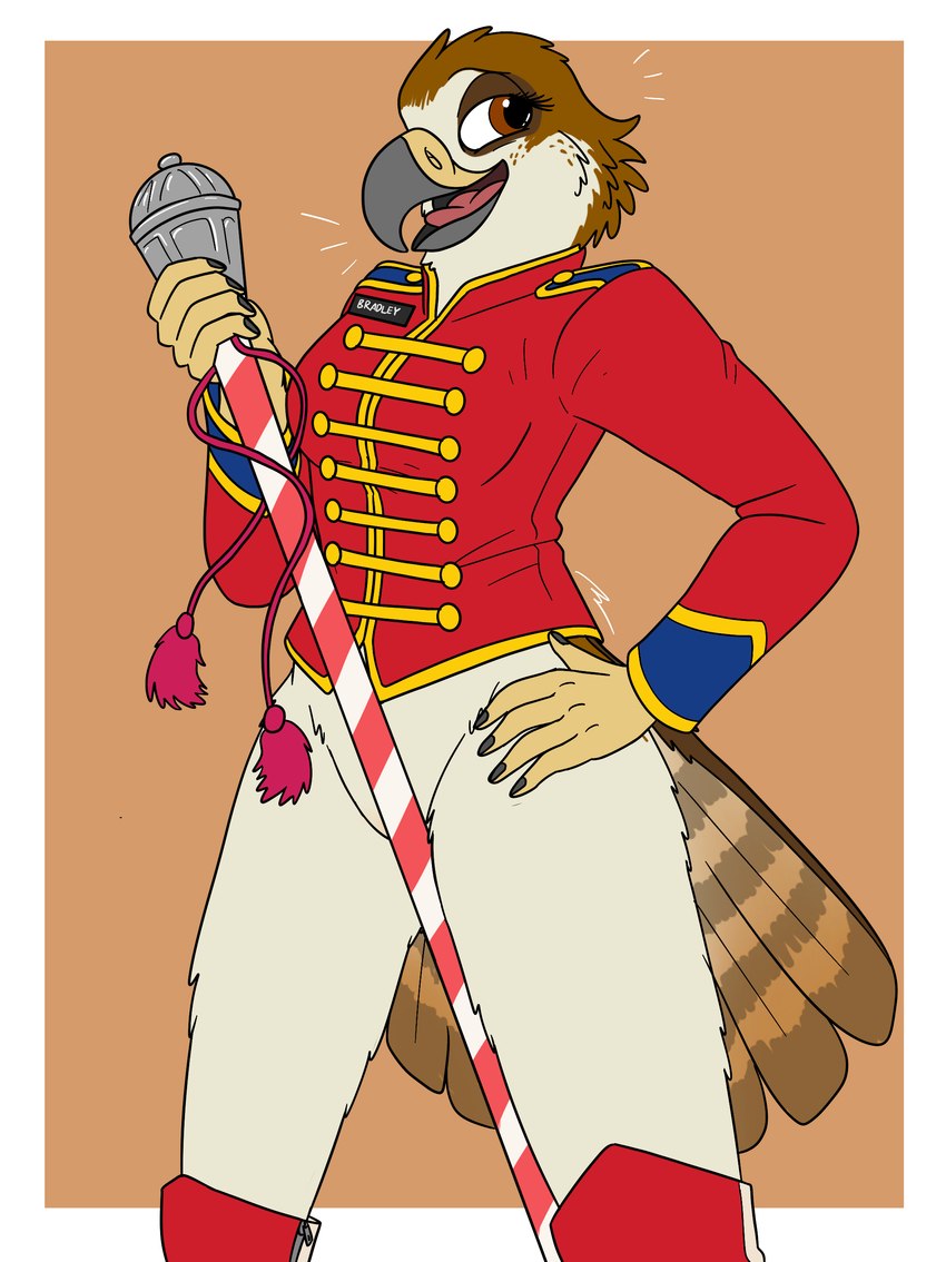 anthro baton boots bottomless clothed clothing convenient_censorship female footwear hand_on_hip knee_highs legwear marching_band marching_band_uniform shoes solo fish_birb accipitrid accipitriform avian bird buteo chickenhawk red-tailed_hawk absurd_res hi_res