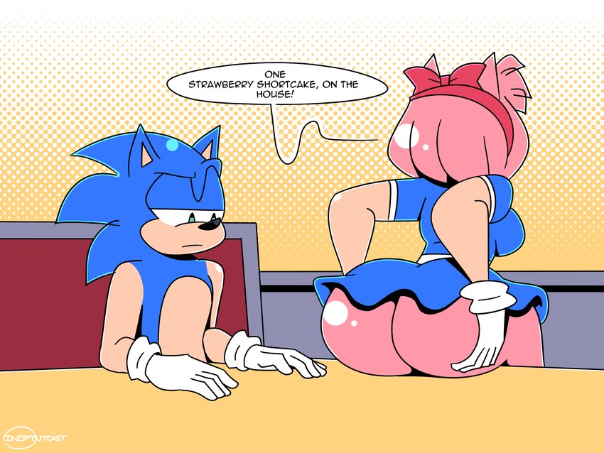 anthro big_butt biped blue_clothing blue_dress breasts bubble_butt butt clothed clothing dialogue dress duo female glistening glistening_butt hair holding_butt looking_at_butt male no_underwear pink_body pink_hair pupils speech_bubble text thick_thighs ineptoutcast_(artist) sega sonic_the_hedgehog_(series) amy_rose sonic_the_hedgehog eulipotyphlan hedgehog mammal 4:3 hi_res