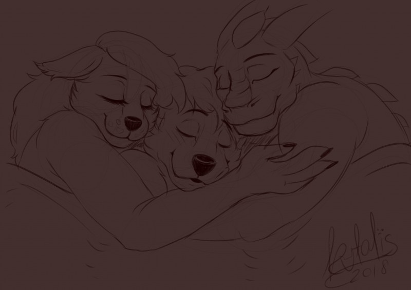 anthro bed blush bottomless clothed clothing dark female fur furniture group hair male male/female male/male muscular muscular_male night nude pose simple_background sleeping smile kotalis mythology nitadil canid canine canis dragon felid mammal mythological_creature mythological_scalie scalie wolf 2018 absurd_res black_and_red digital_drawing_(artwork) digital_media_(artwork) hi_res monochrome sketch