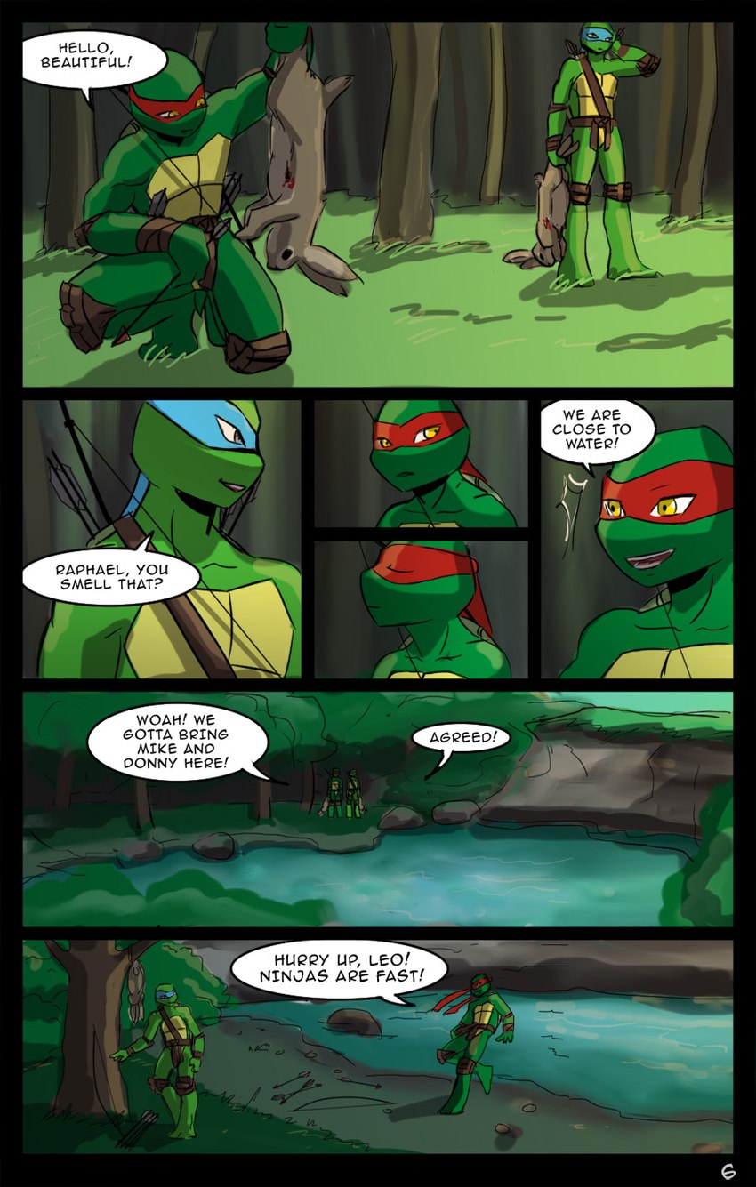 adolescent blood bodily_fluids bow_(weapon) dialogue forest hunting kerchief lake outside plant ranged_weapon text tree weapon young momorawrr neattea teenage_mutant_ninja_turtles leonardo_(tmnt) raphael_(tmnt) reptile scalie turtle comic english_text hi_res brother_(lore) brothers_(lore) sibling_(lore)