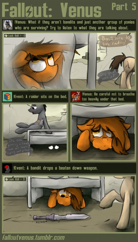 dialogue drop female feral forced group hiding holding_breath male melee_weapon pillage sword text wasteland weapon marsminer fallout fallout_equestria fallout_venus friendship_is_magic hasbro microsoft my_little_pony fan_character raider_(fallout) venus_spring earth_pony equid equine horse mammal pony 2015 absurd_res comic crossover digital_media_(artwork) english_text hi_res story