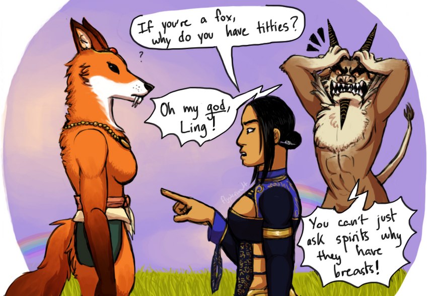 anthro breasts clothed clothing dialogue female fox_spirit_(jade_empire) group impractical_clothing northernlightwolf partially_clothed text bioware electronic_arts jade_empire mean_girls you_can't_just_ask_people canid canine chimera fox fox_spirit human mammal unknown_species english_text