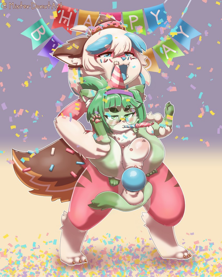 abdominal_bulge animal_genitalia animal_penis anthro balls big_tail birthday birthday_party birthday_sex blue_penis bodily_fluids canine_genitalia canine_penis confetti cum cum_in_pussy cum_inside dessert doughnut female femboy food fur genital_fluids genitals green_body green_hair hair kemono male male/female multi_nipple nipples open_mouth pastry penetration penis pink_body pink_fur semi-anthro sex size_difference size_play sparklefur sprinkles sprinkles_in_fur sprinkles_on_face sprinkles_on_tail tail vaginal vaginal_penetration white_hair misterdonut donut_(misterdonut) midori_(nakagami_takashi) canid canine canis domestic_cat domestic_dog felid feline felis food_creature mammal sprinkledog hi_res