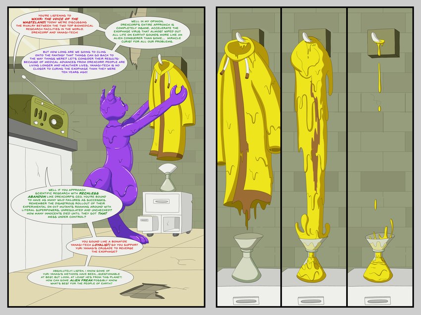 anthro clothing coat dialogue goo_transformation goofur laboratory male morphing post-apocalyptic purple_body raincoat science scientist slime text topwear transformation wasteland wastelander_drex wastelanders drex_(wastelander_drex) alien goo_creature absurd_res comic english_text hi_res story