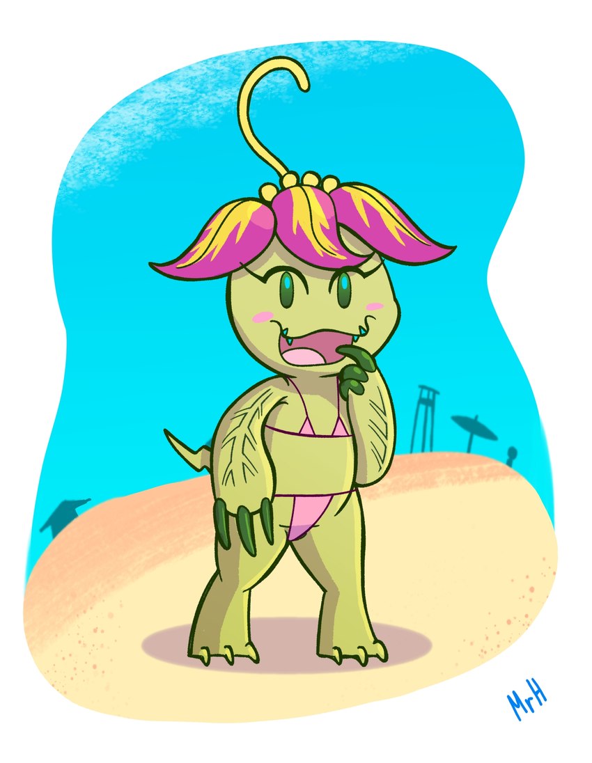 anthro beach bikini claws clothing eyelashes female flat_chested green_body green_eyes open_mouth pink_clothing plant smile solo swimwear teeth two-piece_swimsuit el_senor_erizo bandai_namco digimon digimon_(species) elemental_creature flora_fauna palmon hi_res