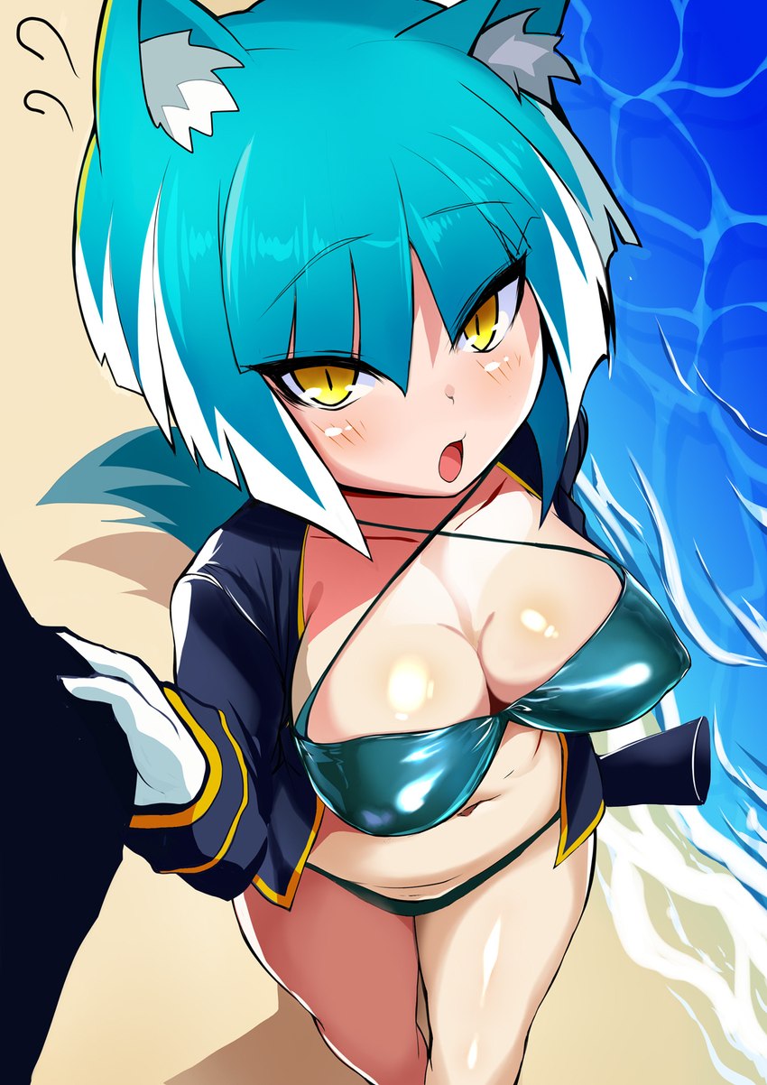 beach bikini blue_hair breasts cleavage clothed clothing female hair seaside short_stack swimwear two-piece_swimsuit simejinameko bombergirl bomberman konami asagi_(bombergirl) animal_humanoid canid canid_humanoid canine canine_humanoid humanoid mammal mammal_humanoid wolf_humanoid hi_res