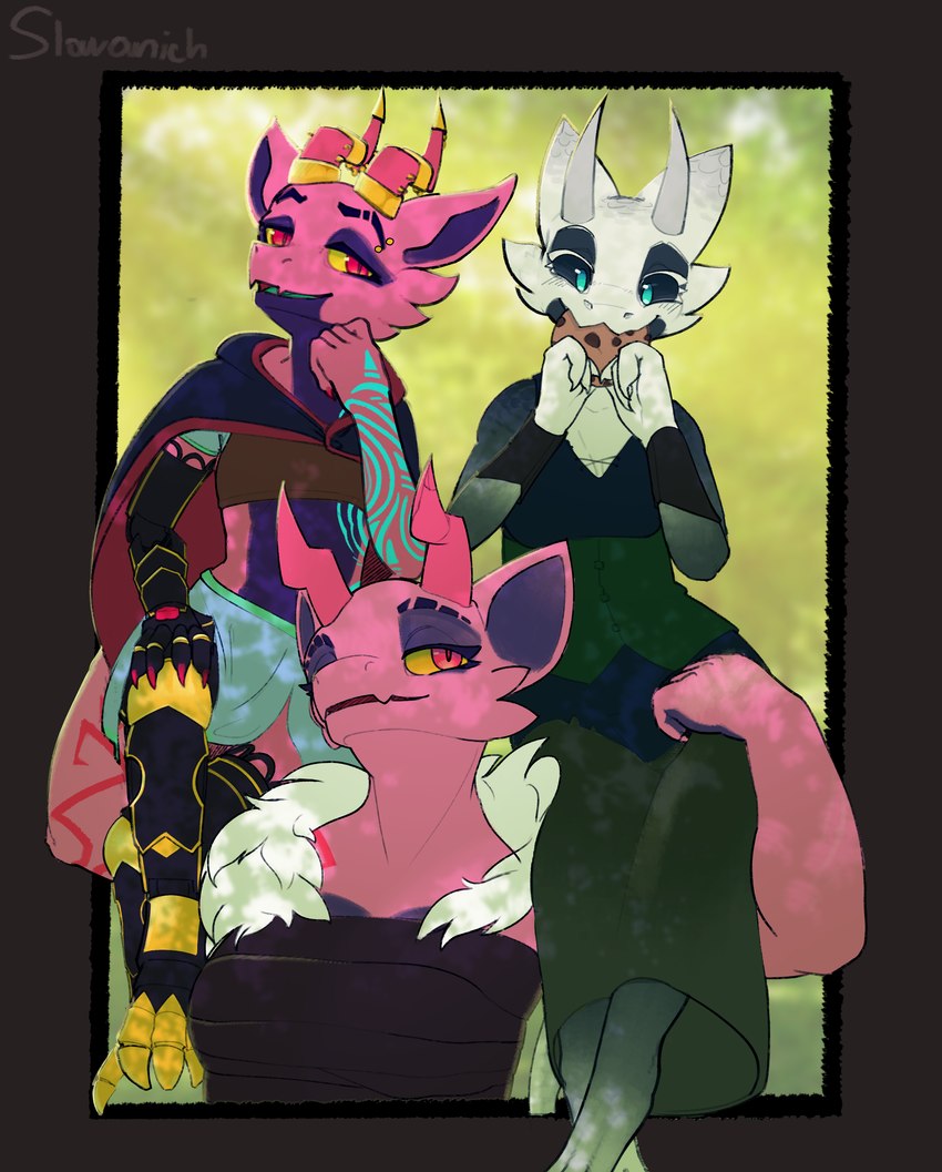 anthro dark_sclera female group pink_body trio slavanich kiz_emberscale_(dat_otter) humanoid kobold scalie absurd_res hi_res