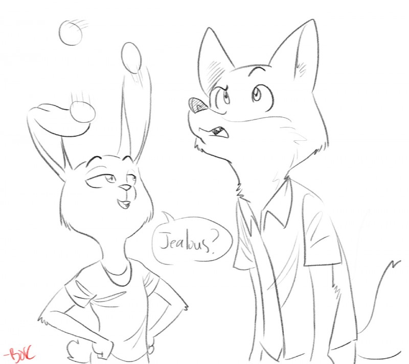 anthro buckteeth clothed clothing dialogue duo egg female fur half-closed_eyes hand_on_hip male narrowed_eyes speech_bubble teeth text trick boreoboros disney zootopia judy_hopps nick_wilde canid canine fox lagomorph leporid mammal rabbit red_fox true_fox english_text monochrome signature