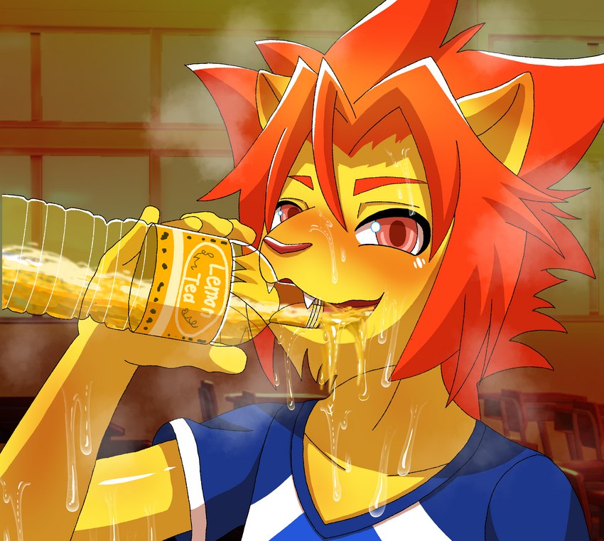 adolescent anthro beverage blush bodily_fluids bottle clothing container drinking drinking_urine genital_fluids looking_at_viewer male solo urine urine_as_food urine_in_bottle urine_in_mouth watersports young nako morenatsu soutarou_(morenatsu) felid lion mammal pantherine absurd_res hi_res