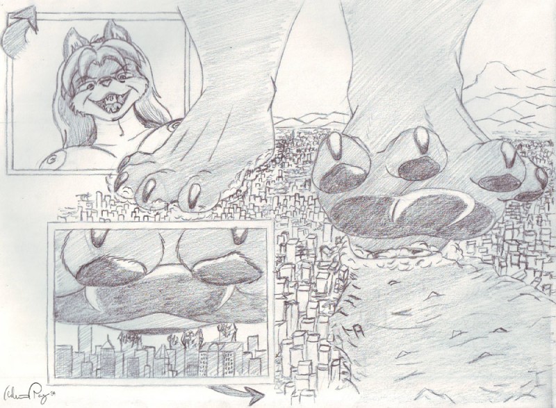 anthro breasts building city city_destruction claws destruction female giga landscape_dwarfing macro nipples nude on_heel raised_foot smile solo stomping mr_happy selva canid canine fox mammal black_and_white monochrome traditional_media_(artwork)