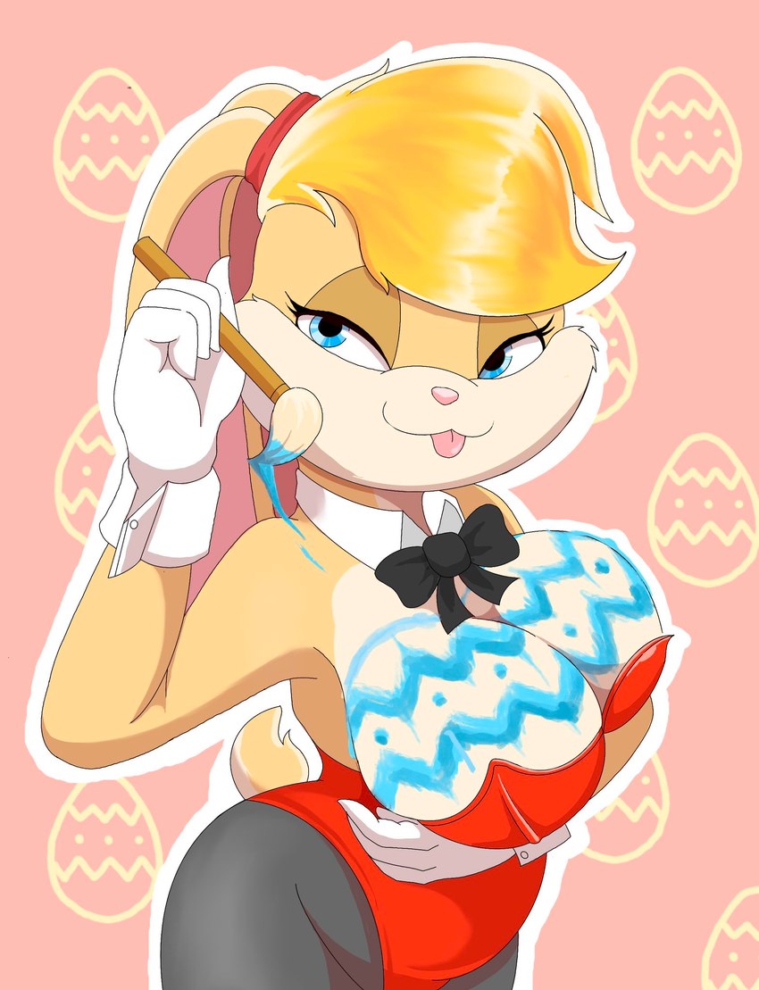 anthro big_breasts blonde_hair blue_eyes breasts brush cleavage clothed clothing egg female hair looking_at_viewer paintbrush painting painting_body pink_nose scut_tail short_tail solo tail tongue tongue_out zebra10045 looney_tunes warner_brothers lola_bunny lagomorph leporid mammal rabbit hi_res