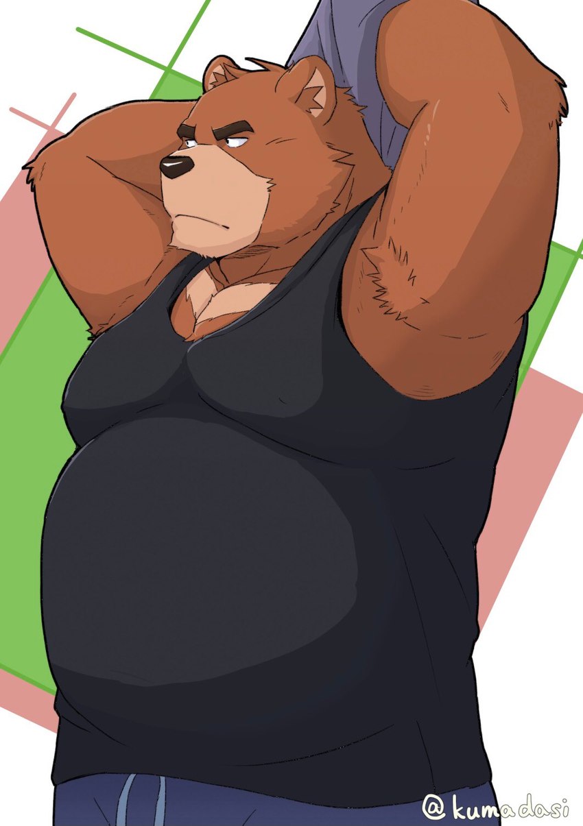 anthro black_nose bottomwear brown_body brown_fur clothed clothing fur kemono male overweight overweight_anthro overweight_male pants shirt solo tank_top topwear kumadasi bear mammal 2021 hi_res